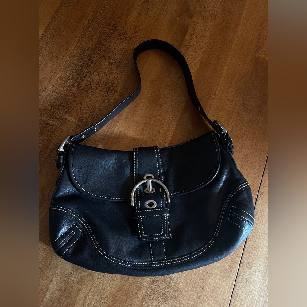 COACH F10192 Vintage Soho Buckle Flap Black Leather Baguette Shoulder Bag